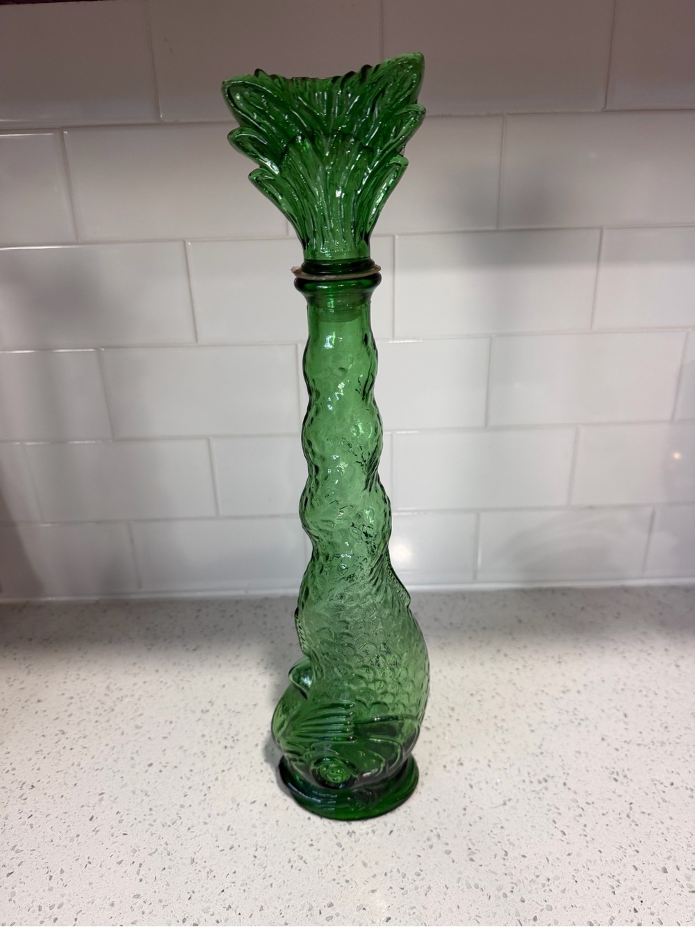 RARE Vintage Empoli Green Dolphin Fish Genie Bottle with Stopper, 15 in Tall